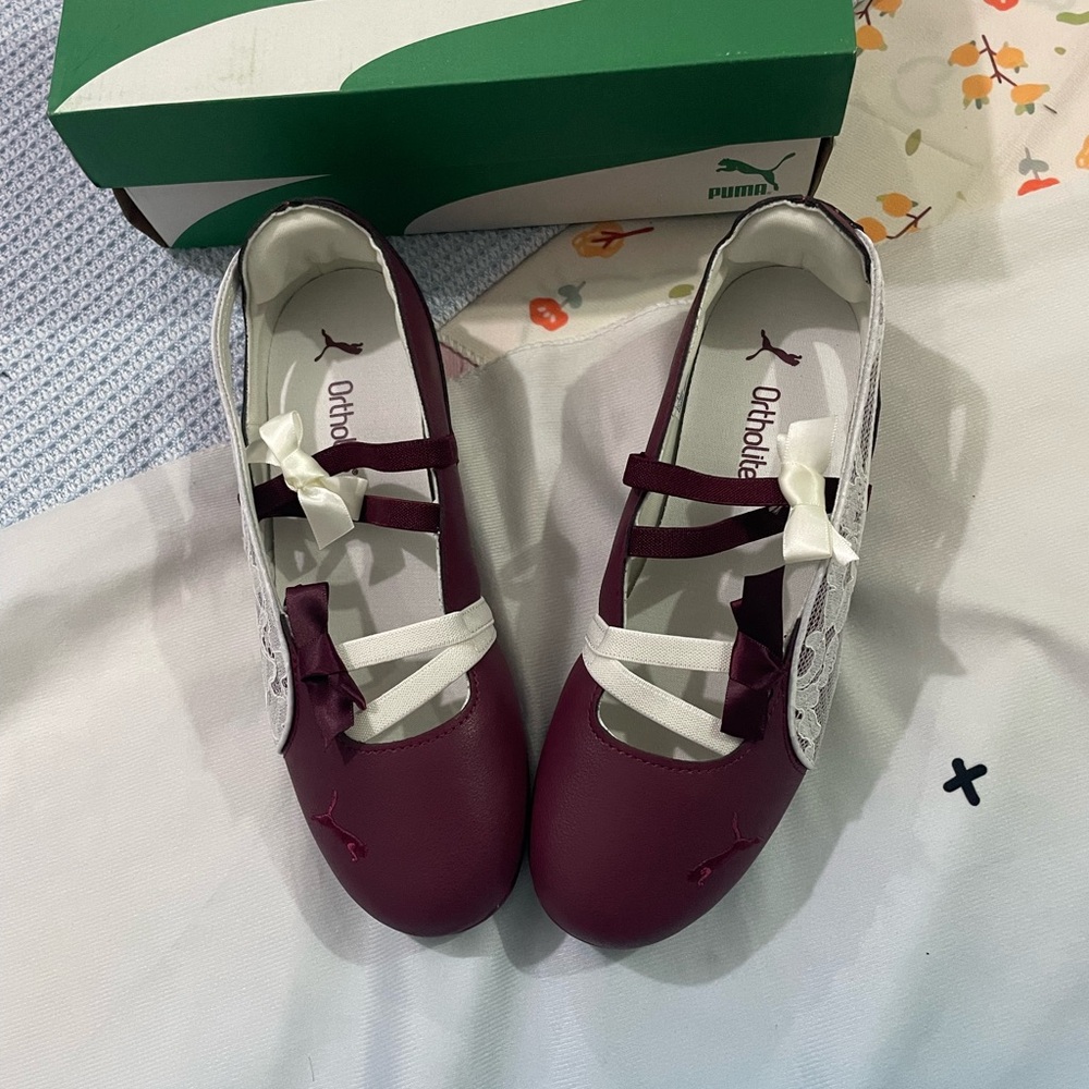 Puma Plum Ballet Flats with White Lace & Ribbon